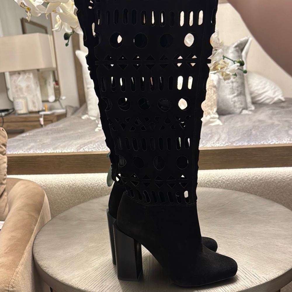 Jeffrey Campbell Black Over-the-Knee Boots with Chunky Heel - Picture 5 of 9